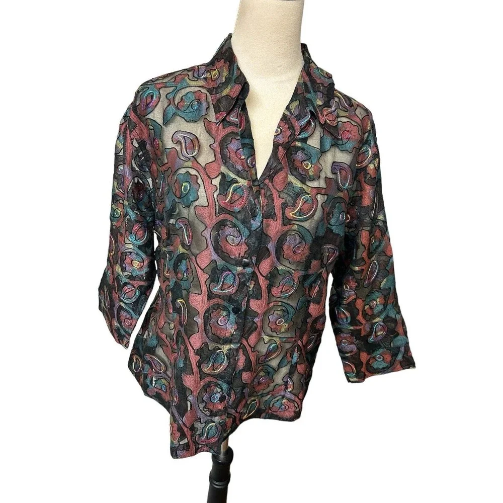 Chico's Design Vintage 90s Sheer Burnout Paisley Silk Blend Embroidered Top Sz 3
